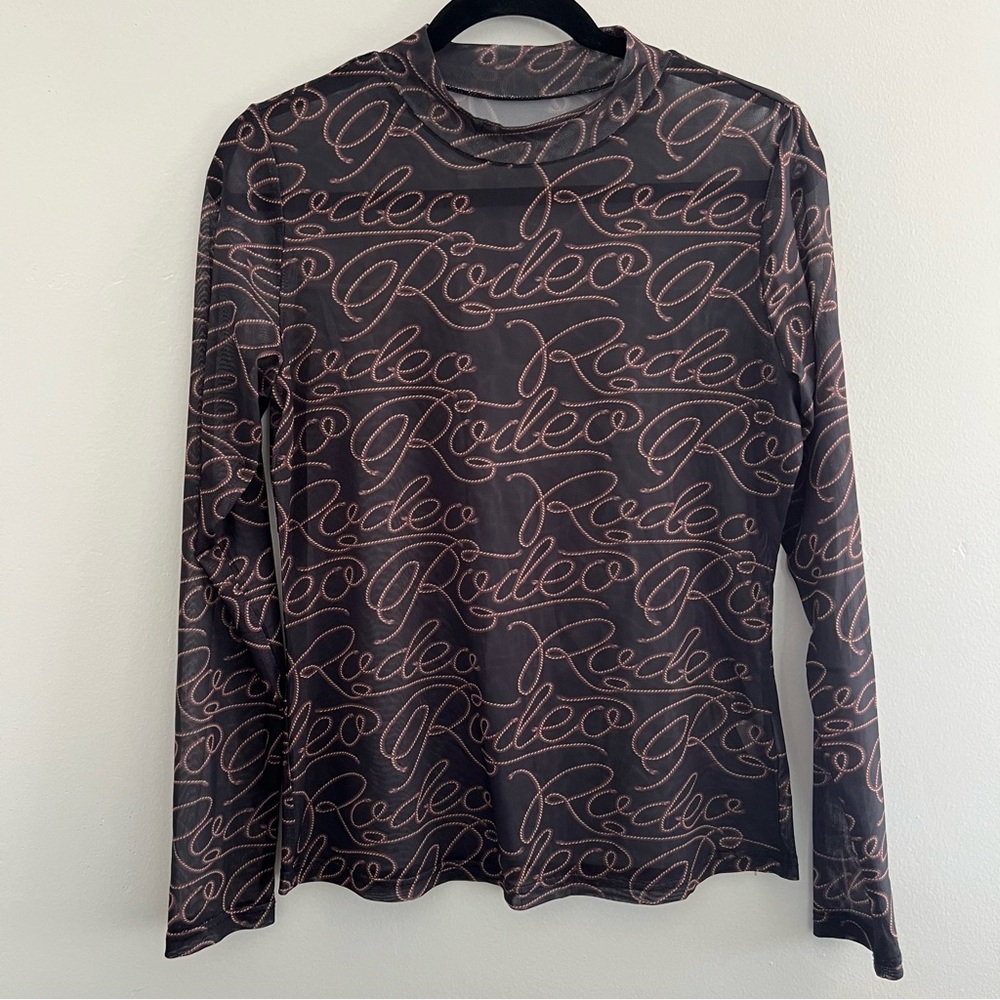 Size Large Black Mesh Rodeo Lasso Cowboy Long Sleeve Blouse
